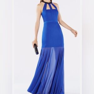BCBGMaxAzria Royal Blue, Beaded Halter, sheer hem, Maxi Gown, size 0